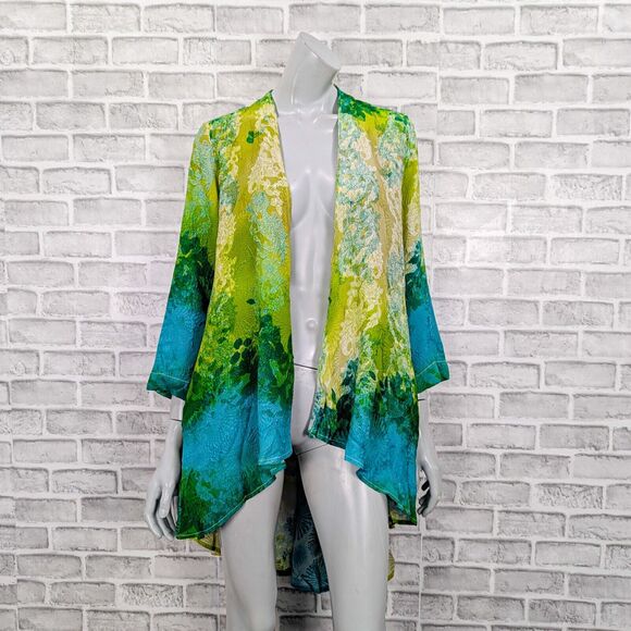Citron Tops - CITRON Santa Monica Women's 100% Silk long Kimono open blouse Green floral sz M